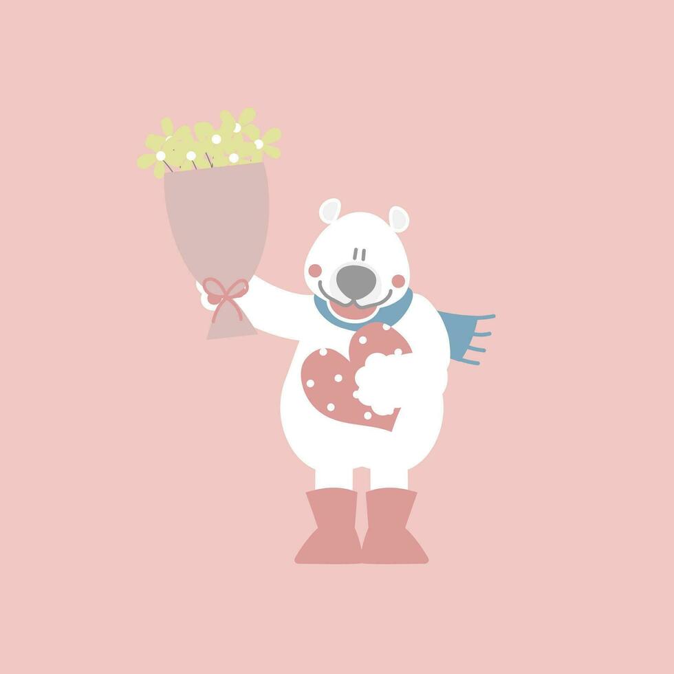 linda y encantador blanco polar oso con flor y corazón, contento San Valentín día, amor concepto, plano vector ilustración dibujos animados personaje disfraz diseño