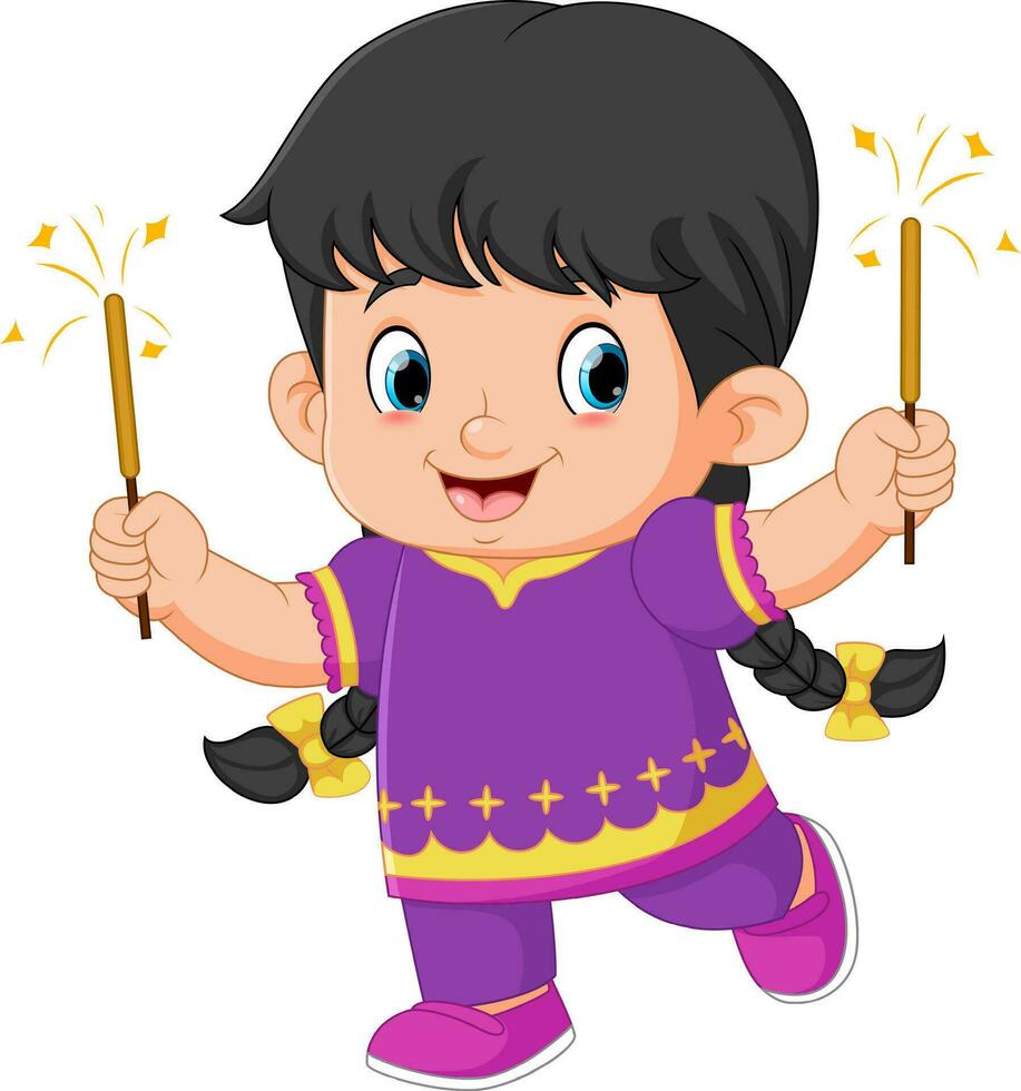 cute Indian girl holding firework character design for Diwali festival vector