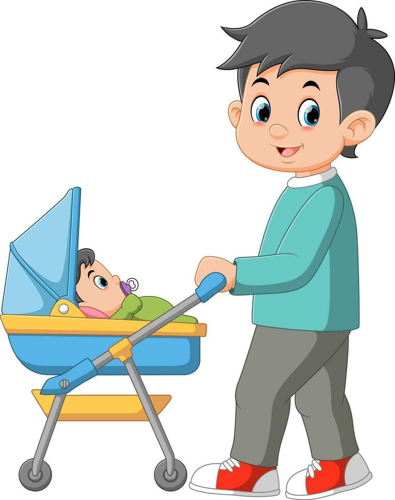 Young smiling man father walking with his baby in stroller vector