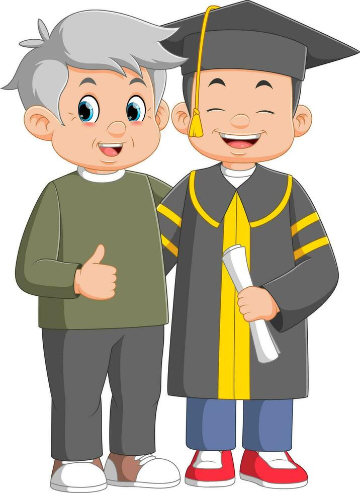 contento joven hombre con su padre en graduación día vector