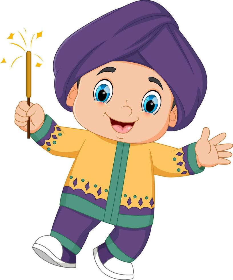 cute Indian boy holding firework character design for Diwali festival vector