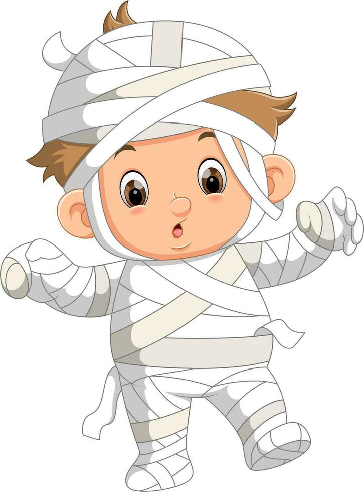 Cartoon boy wearing halloween mummy costume vector