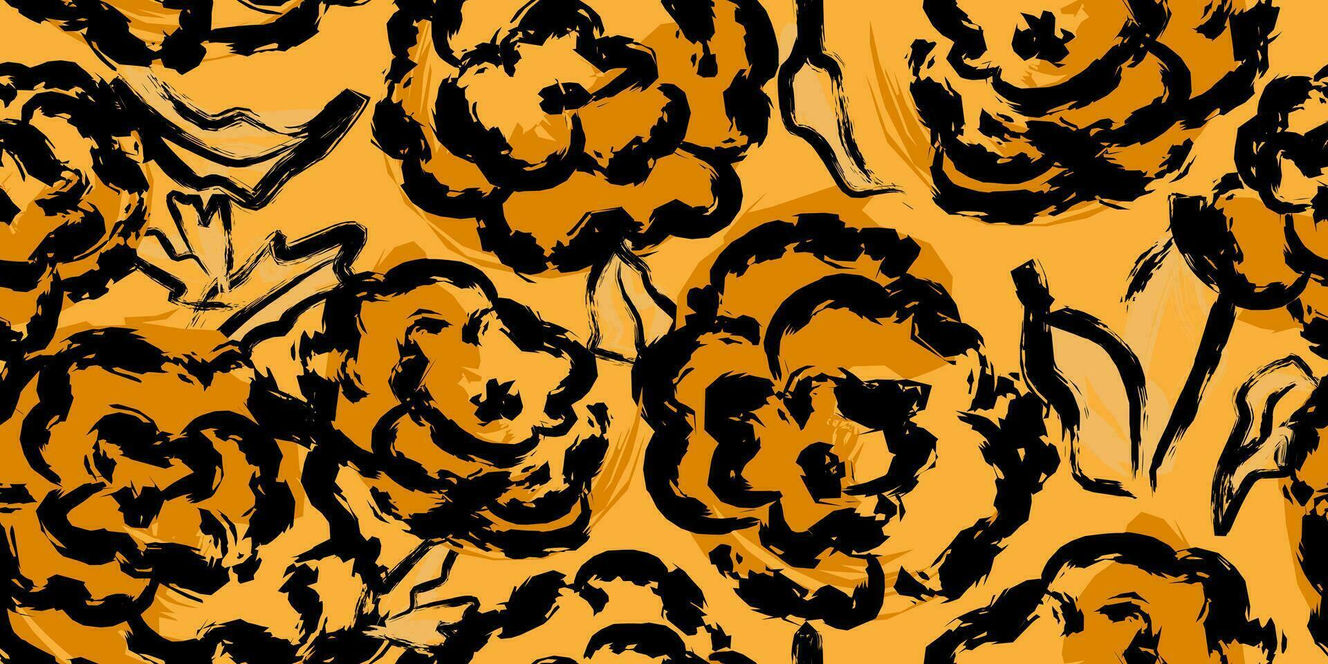 a pattern of black and orange flowers on a yellow background vector