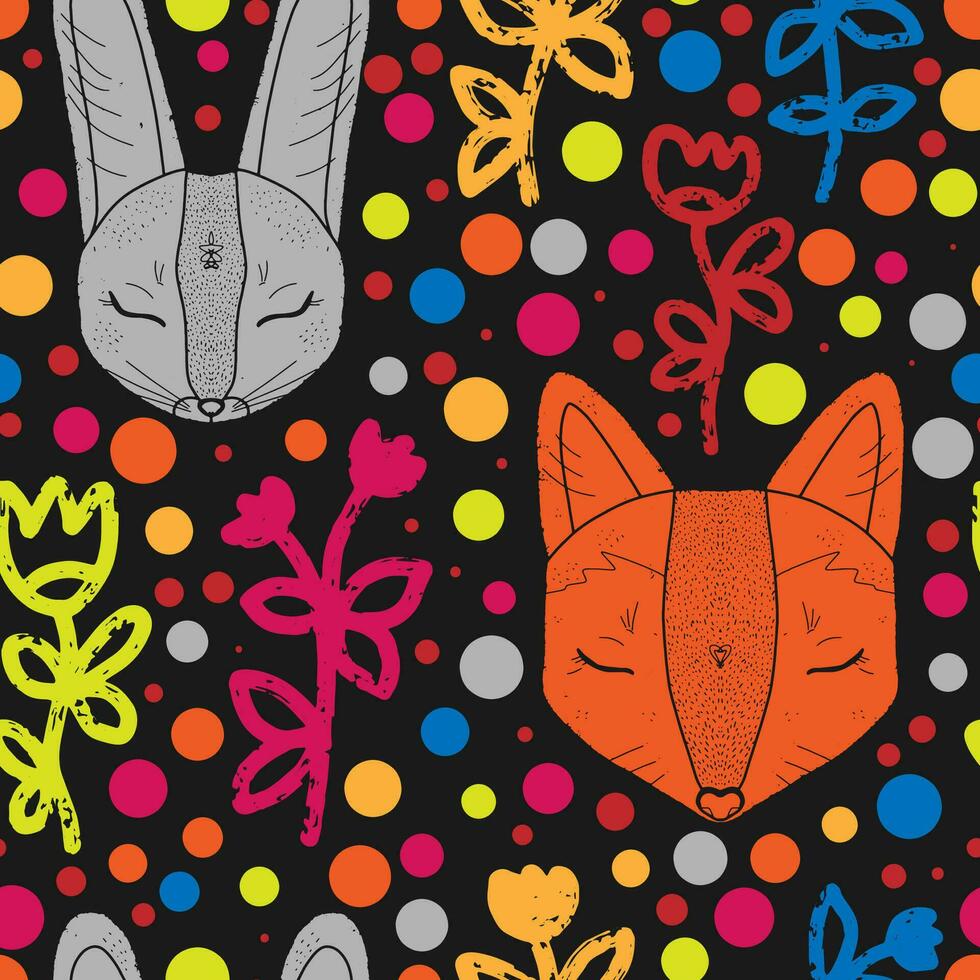 a seamless pattern with rabbits and flowers vector