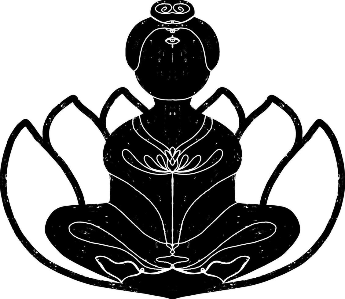 un negro y blanco ilustración de un mujer sentado en un loto vector