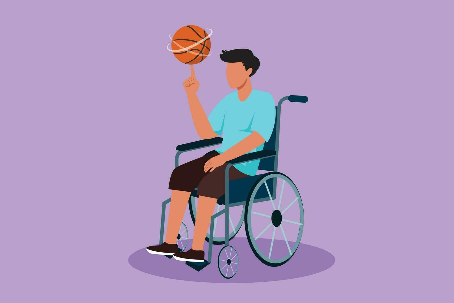 Cartoon flat style drawing of young sporty guy in wheelchair plays basketball. Disabled person spins basketball on his finger. Exercise for people with disabilities. Graphic design vector illustration