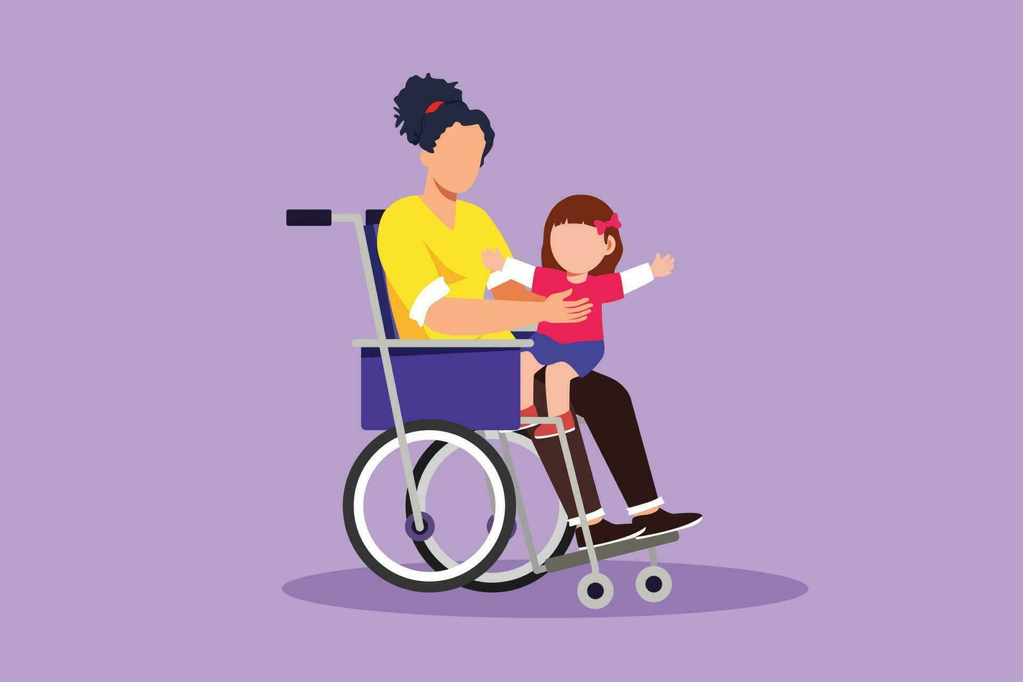 Graphic flat design drawing happy disabled mother with her child. Disability woman holding cute baby in her arm. Family love concept. Physical disability and society. Cartoon style vector illustration