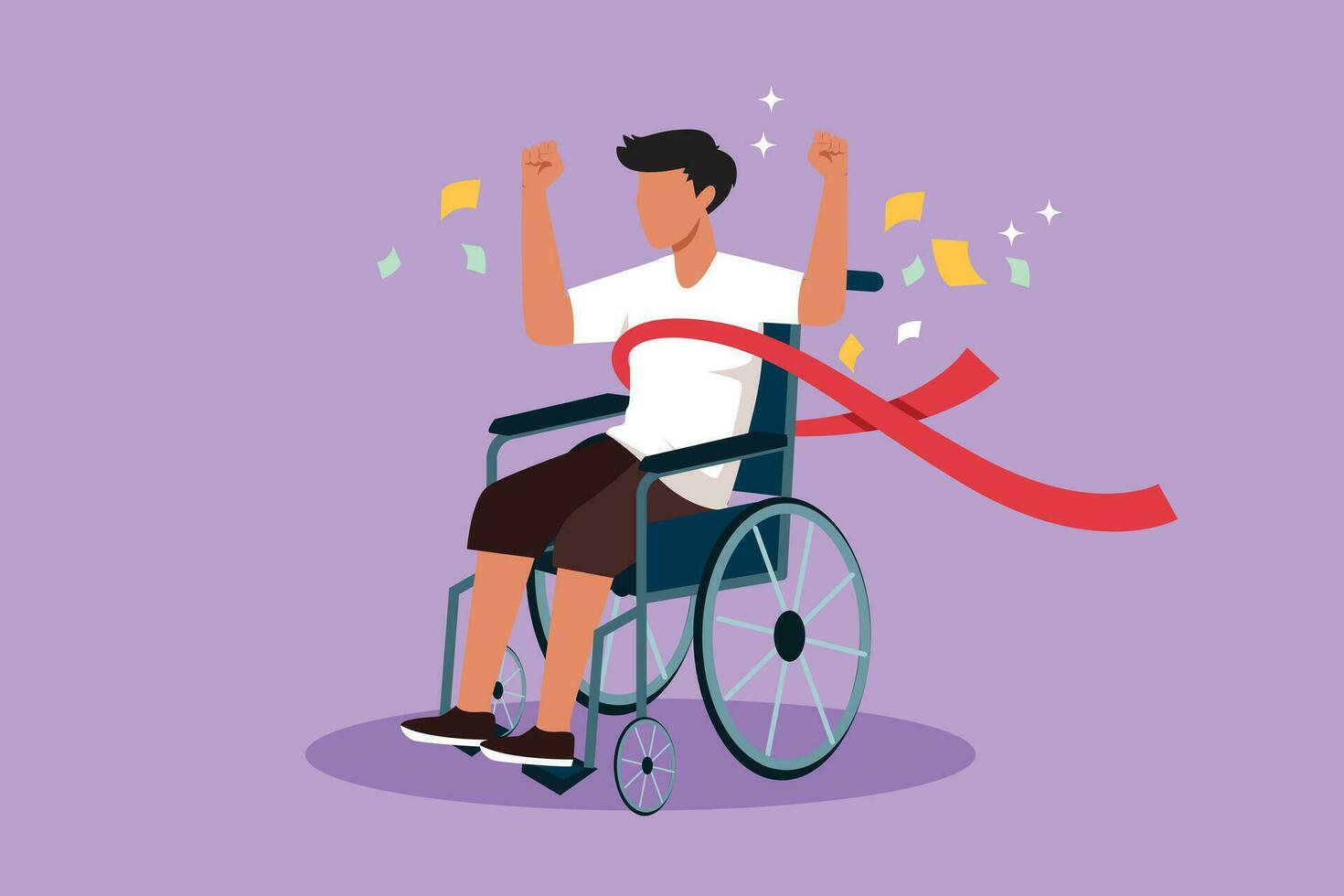 Graphic flat design drawing sporty man in wheelchair crossing finish line ribbon win competition. Happy winner, success champion. Society, disabled people community. Cartoon style vector illustration