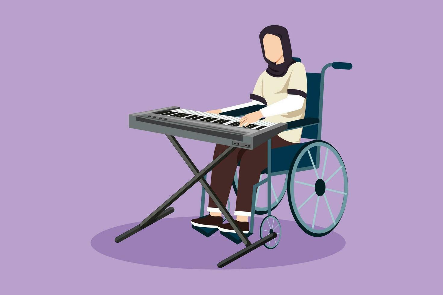 Graphic flat design drawing Arabian female sit wheelchair playing electric keyboard in music event and sing song. Physically disabled. Rehabilitation center patient. Cartoon style vector illustration