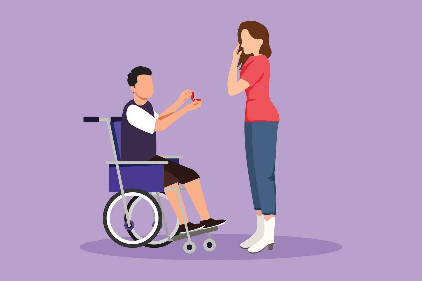 Cartoon flat style drawing disabled person character. Romantic man made proposal to pretty girl, wedding. Happy family. Positive man with special need in wheelchair. Graphic design vector illustration