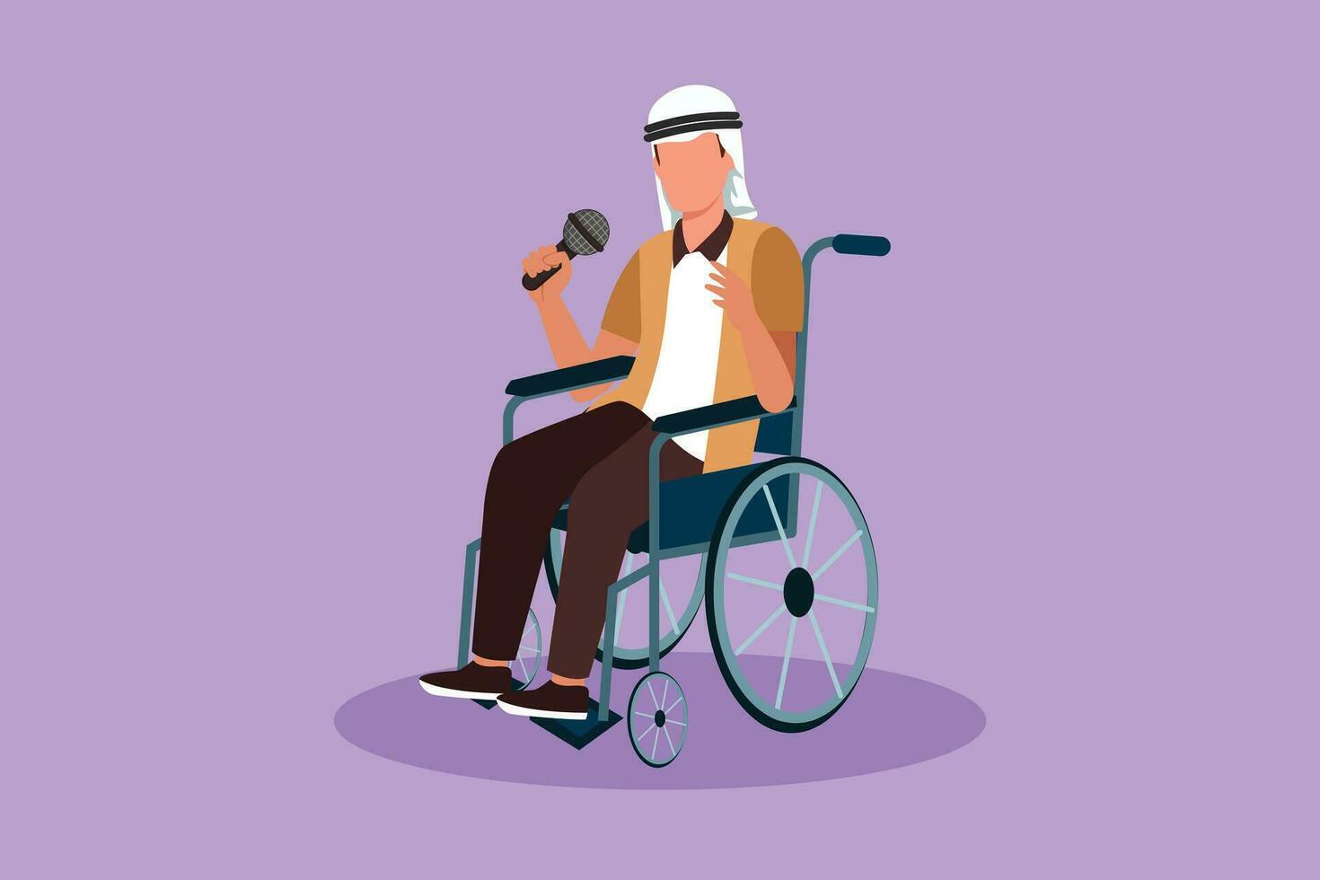 Graphic flat design drawing disabled person enjoying life. Attractive Arabian man sitting in wheelchair singing at karaoke hospital. Spend time in recreational place. Cartoon style vector illustration