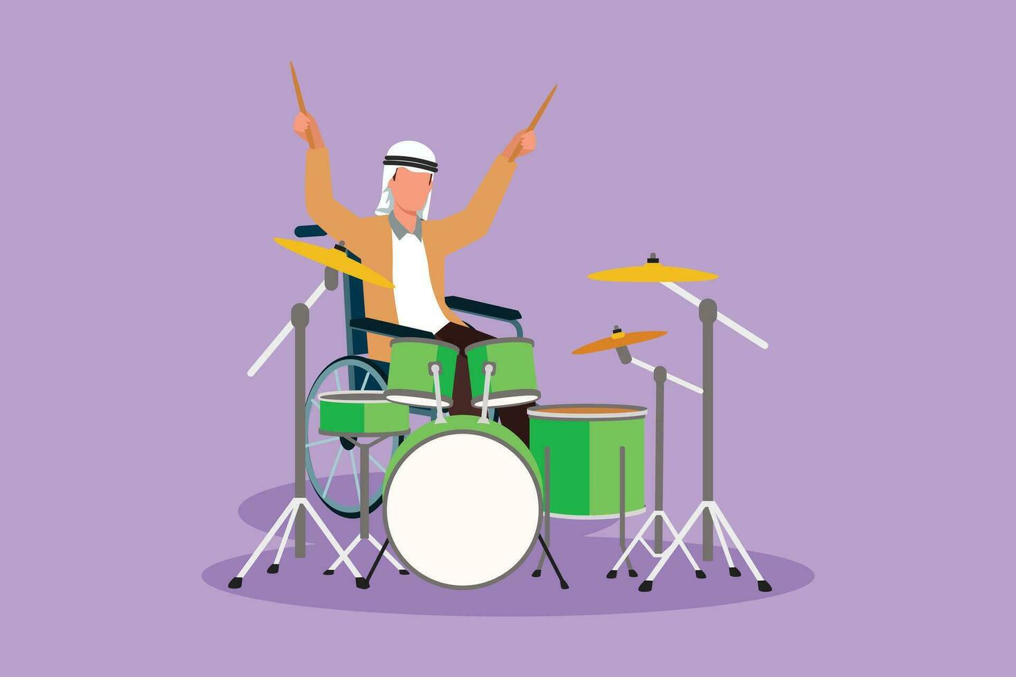 Cartoon flat style drawing disabled Arabian man in wheelchair playing drum in musical event. Physically disabled. Person in hospital. Rehabilitation center patient. Graphic design vector illustration