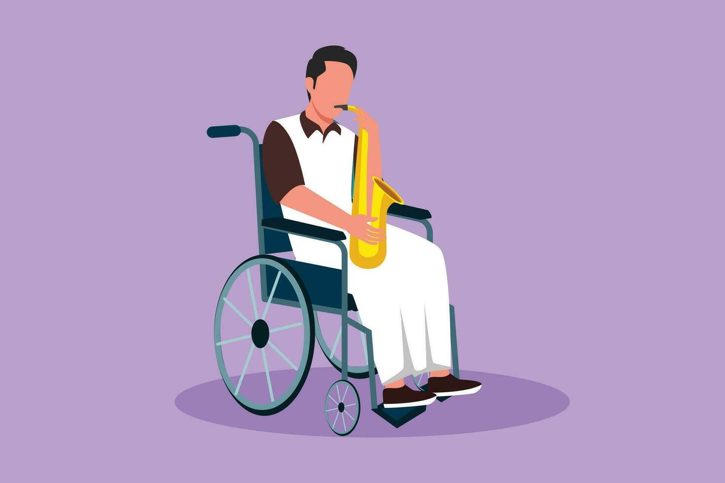 Character flat drawing Arab man sitting in wheelchair plays saxophone. Disability patient, classical music performance. Physically disabled. Rehabilitation center. Cartoon design vector illustration