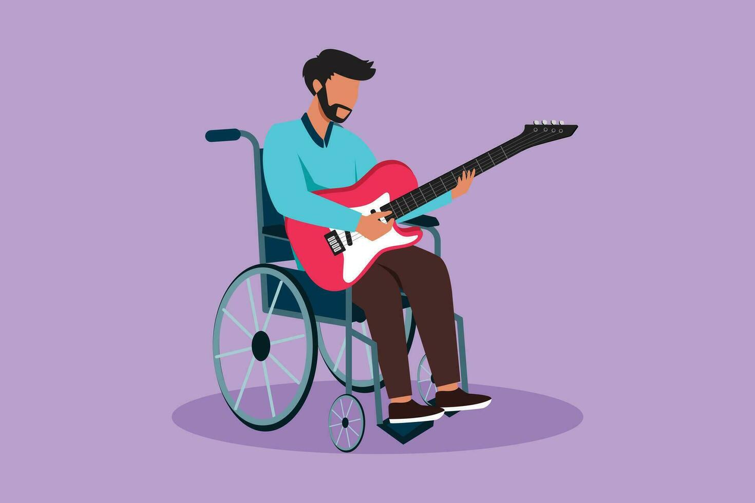 Cartoon flat style drawing of Arabian male sit wheelchair playing electric guitar, musical performance, sing song. Physically disabled. Person in hospital room ward. Graphic design vector illustration
