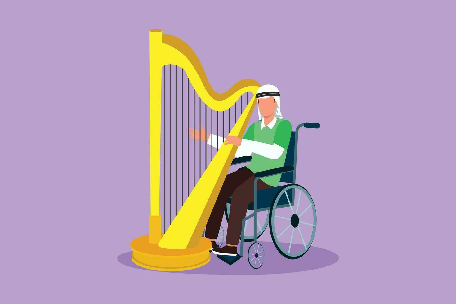 Graphic flat design drawing of young Arabian man sitting in wheelchair plays harp in concert. Disability and classical music. Physically disabled. Person in hospital. Cartoon style vector illustration