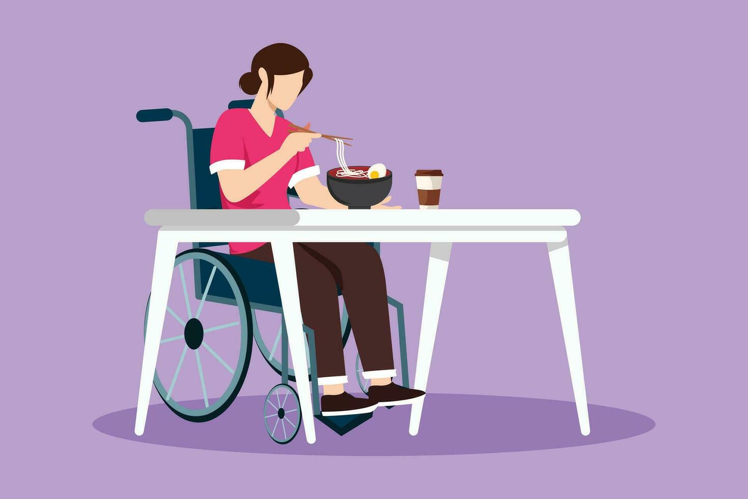 Character flat drawing young female patient in wheelchair eating ramen or noodle food and sitting at table. Having lunch, snack in cafe. Society and disabled people. Cartoon design vector illustration
