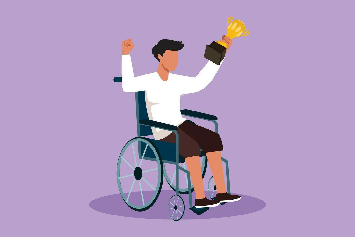 Graphic flat design drawing happy sporty man in wheelchair hold golden cup trophy winner podium. Disabled person. Tournament game competition sport training champion. Cartoon style vector illustration