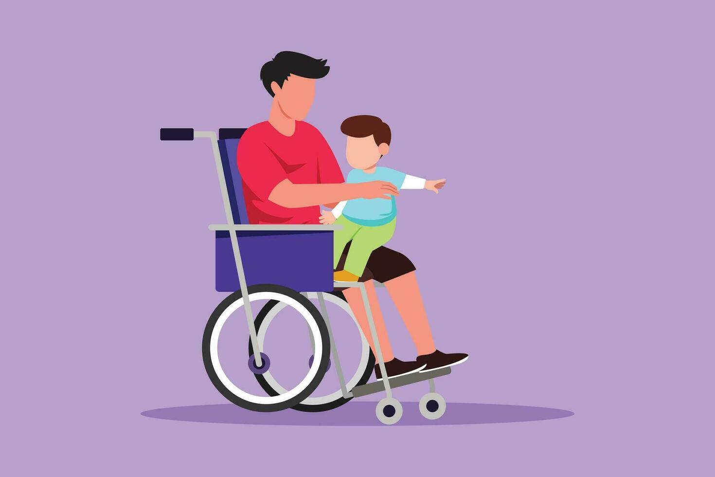 Character flat drawing happy disabled father with his child. Disability man holding baby in his arm. Family love concept. Physical disability society responsibility. Cartoon design vector illustration