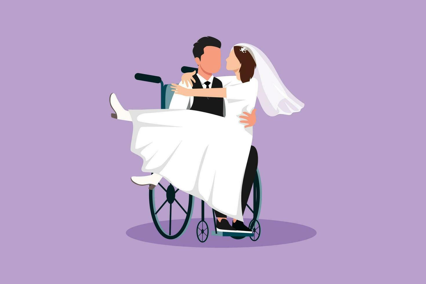 Cartoon flat style drawing disabled man carrying woman in wheelchair with dress. Happy couple at wedding celebration. Happy family. Positive man with special needs. Graphic design vector illustration