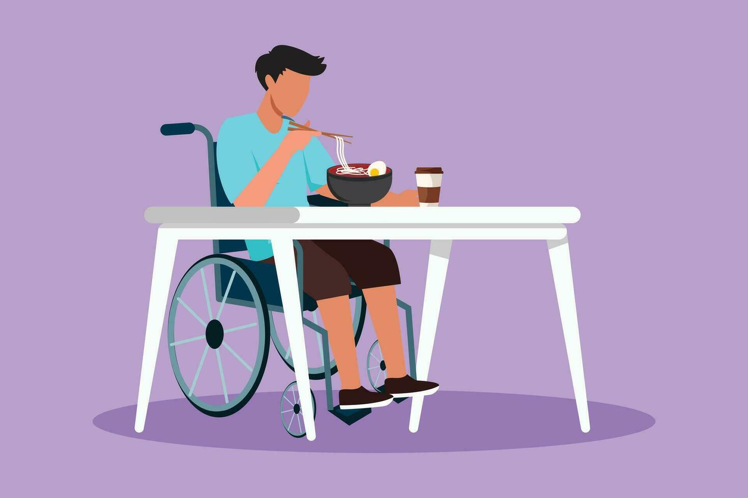 Character flat drawing young male patient in wheelchair eating ramen or noodle food and sitting at table. Having lunch, snack in cafe. Society and disabled people. Cartoon design vector illustration
