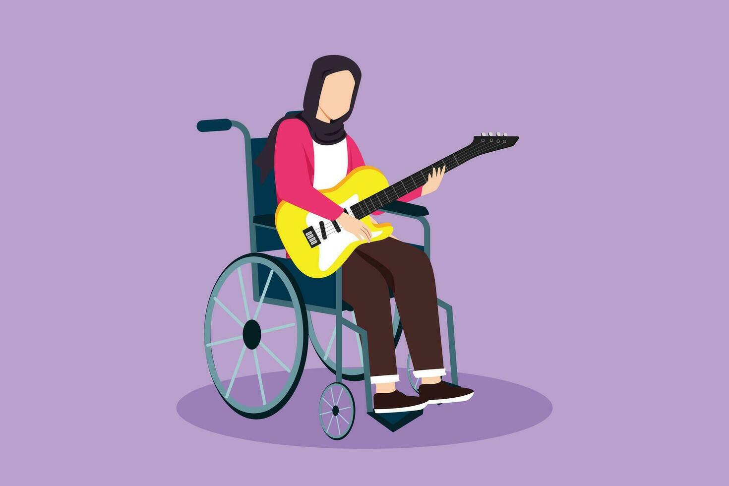Cartoon flat style drawing young Arabian female sit wheelchair playing electric guitar in music event, sing song. Physically disabled. Person in hospital room ward. Graphic design vector illustration