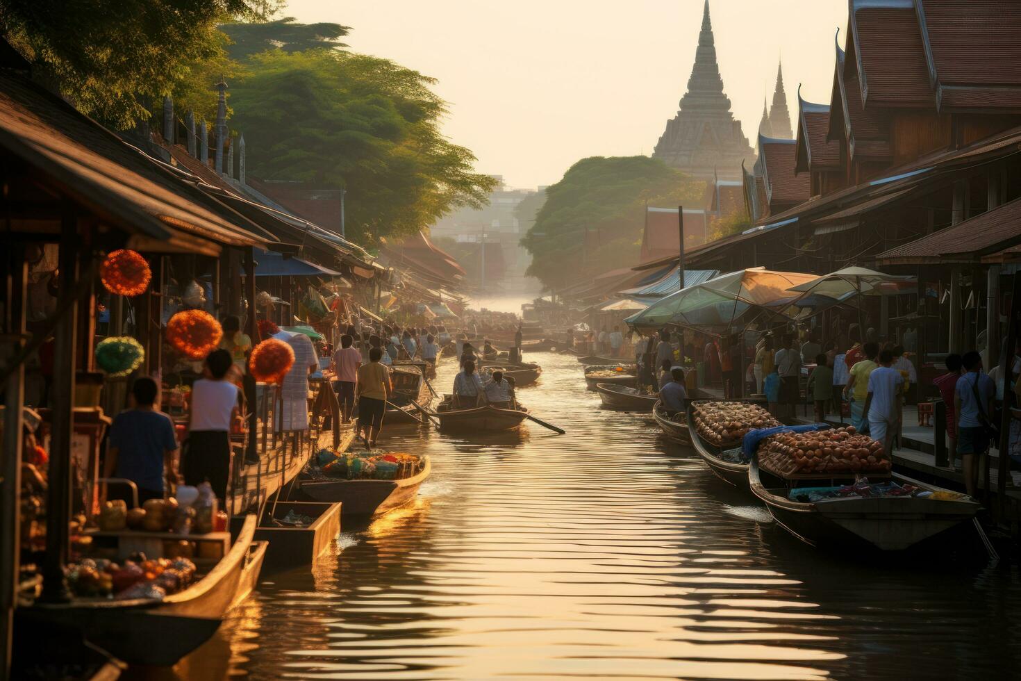 el vibrante mercados y bullicioso río comercio ese hecho ayutthaya ai generado Tailandia un comercial cubo rústico foto