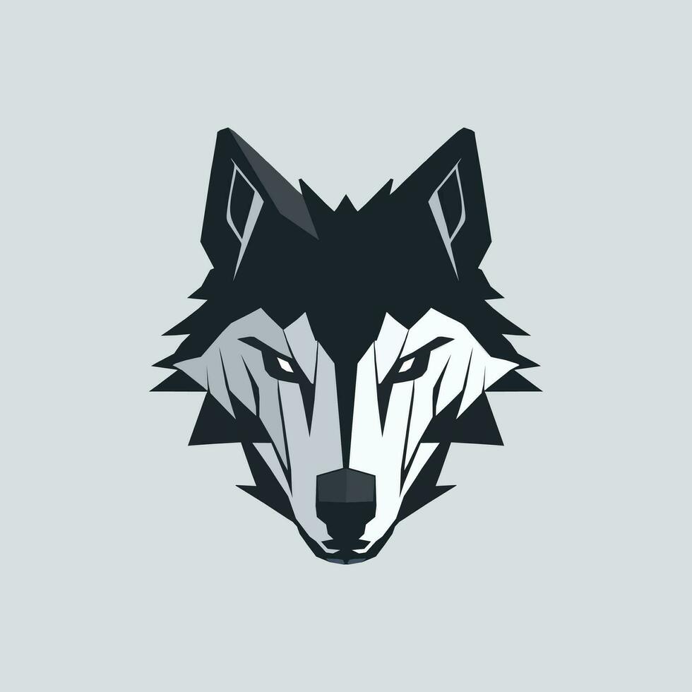 sencillo poligonal, bajo escuela politécnica, geométrico lobo cabeza, lobo rostro, e-sports logo forma, enojado, ojos, negro y blanco aislado vector