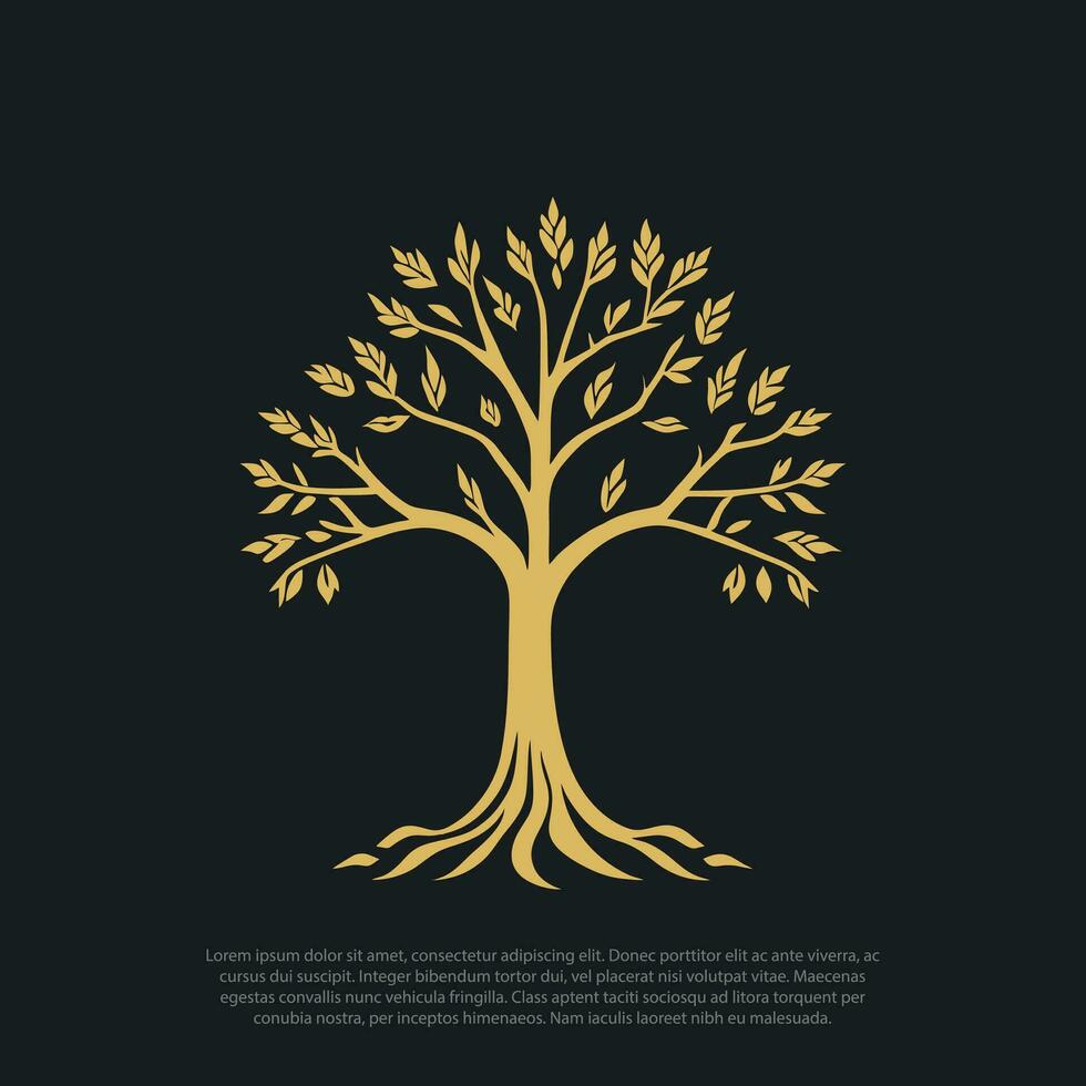 Natural Golden Oak Tree Logo Vector Nature Roots Growth Logo Design illustration, isolated in black background