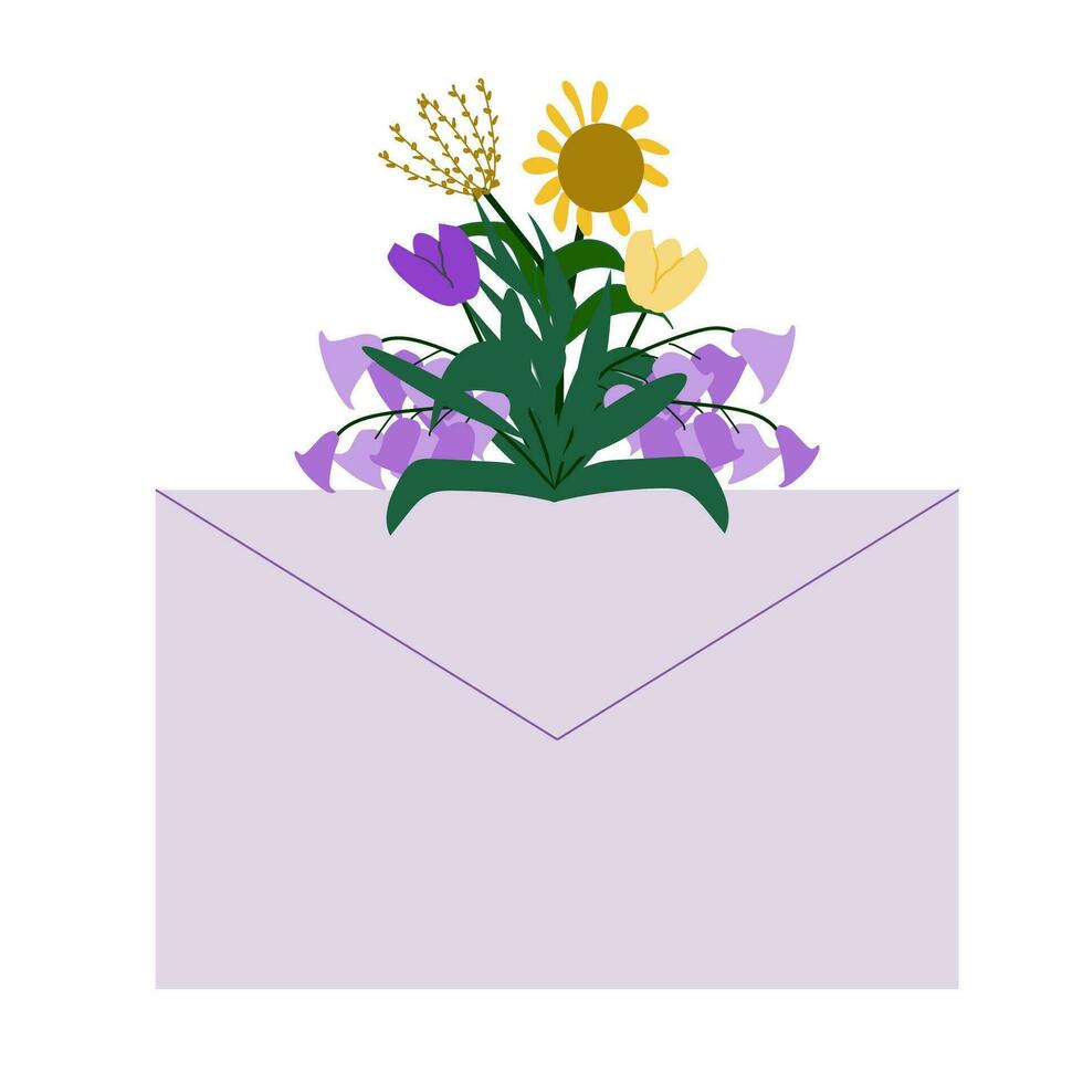 hand drawn envelope with summer and spring flowers. Vector illustration on white bacground