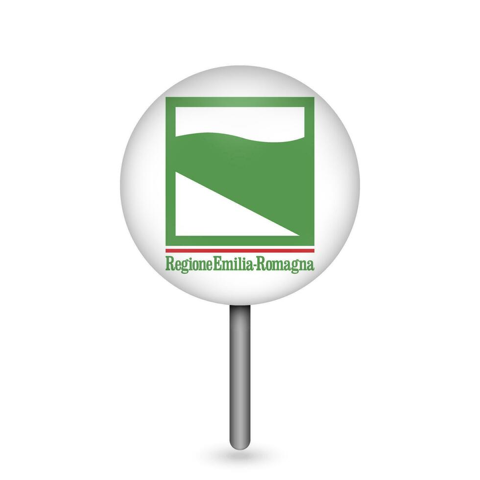 Map pointer with Emilia Romagna Flag. Region of Italy. Vector illustration.