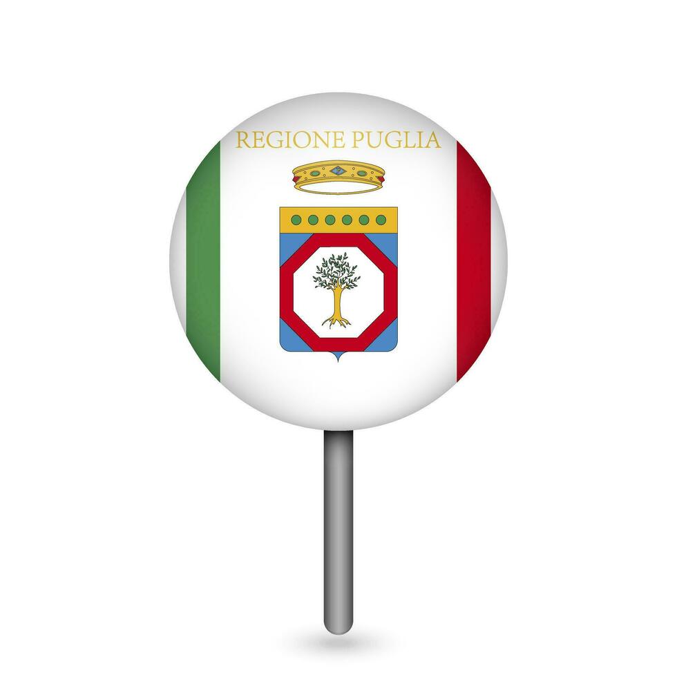 Map pointer with Apulia Flag. Region of Italy. Vector illustration.
