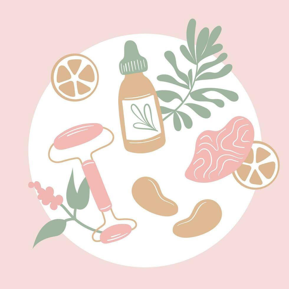 Skincare spa products set korean  bottles and tubes natural cosmetic hand drawn vector