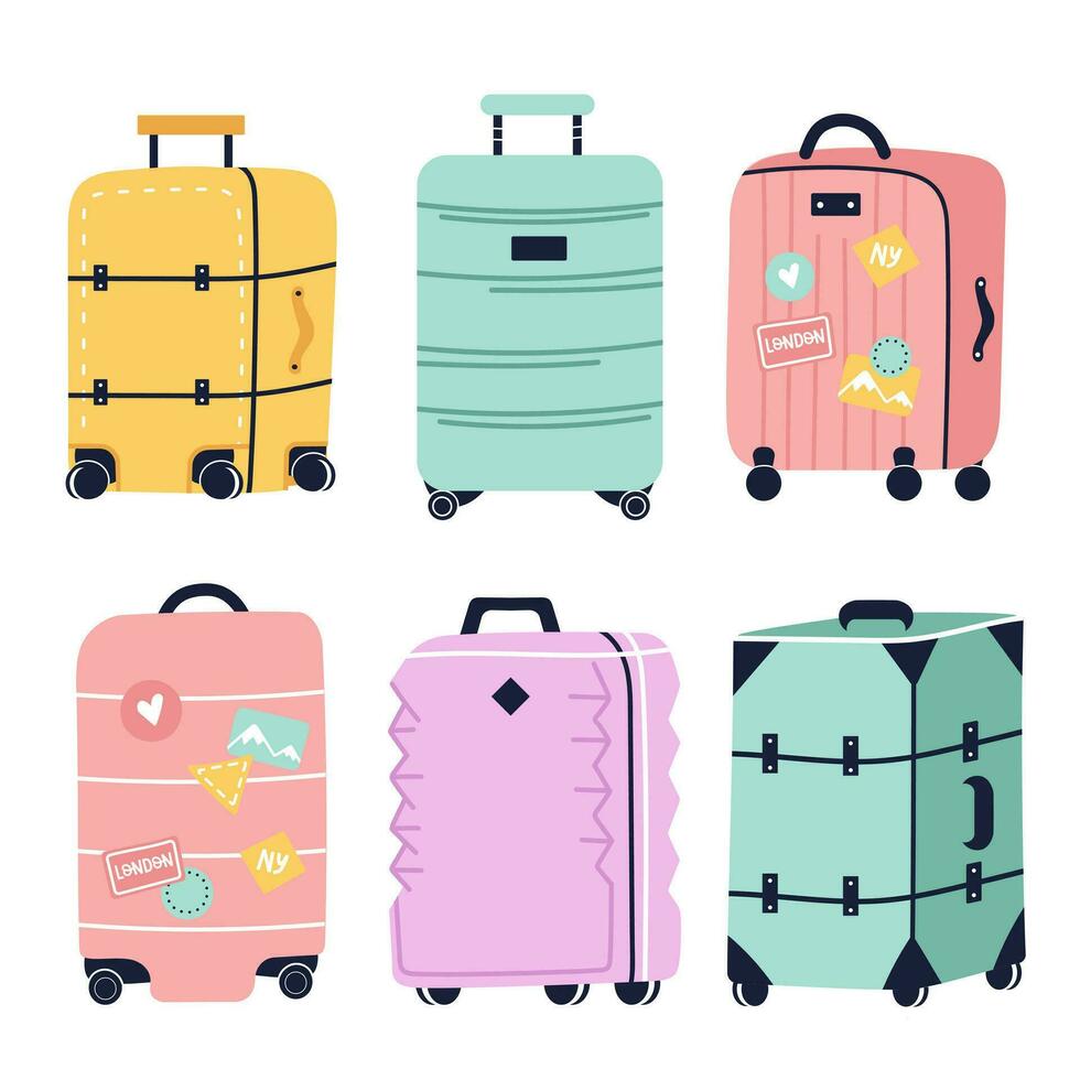Travel luggage and suitcase vector cartoon set