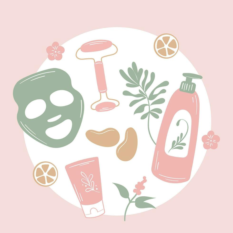 Skincare spa products set korean  bottles and tubes natural cosmetic hand drawn vector