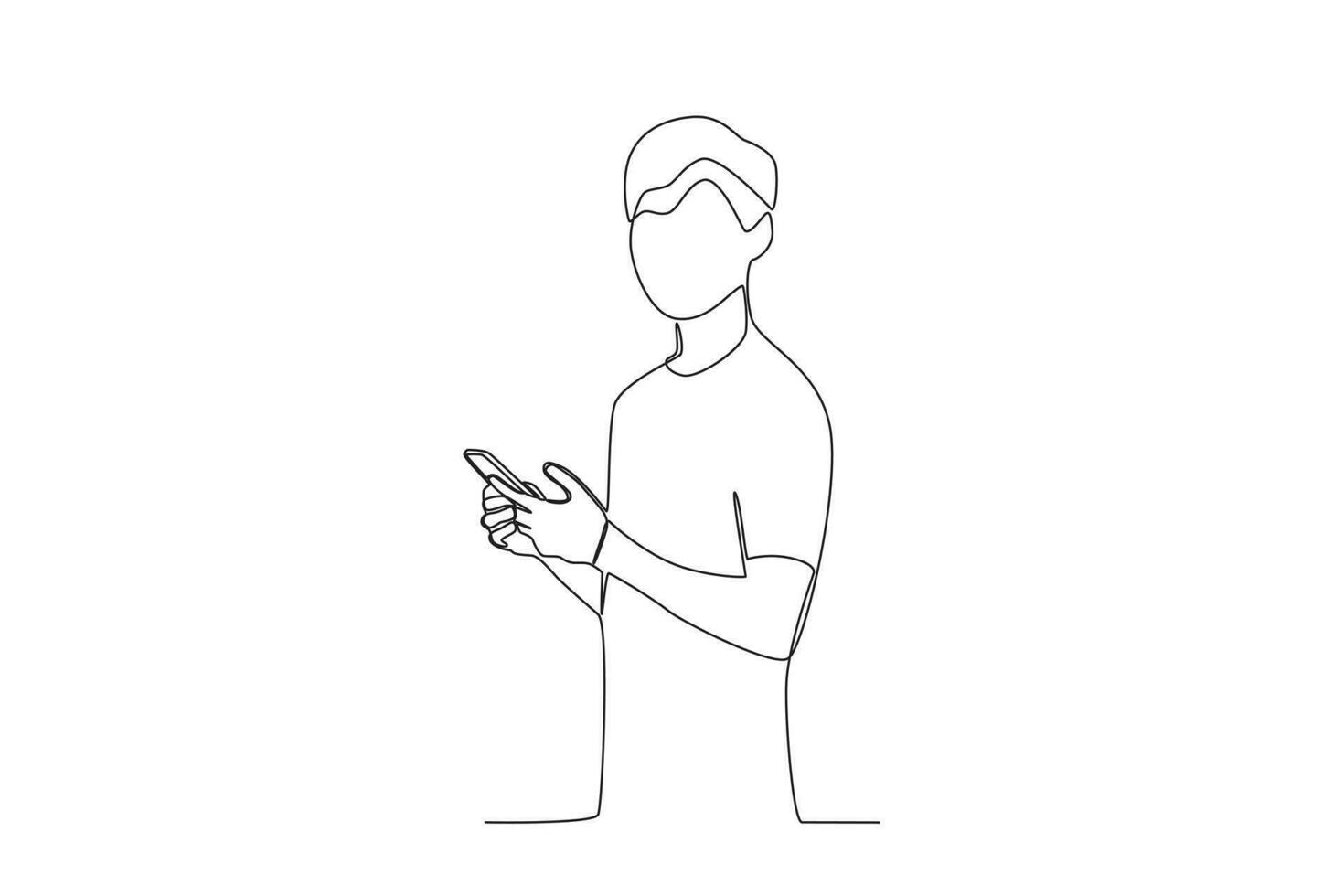One continuous line drawing of a young man typing a message using his cell phone facing left side vector
