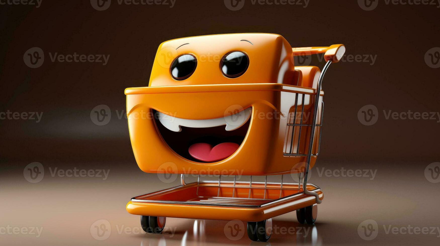 3d shopping trolley, shopping online concept, shopping cart with face cartoon smile, Generative AI illustration photo