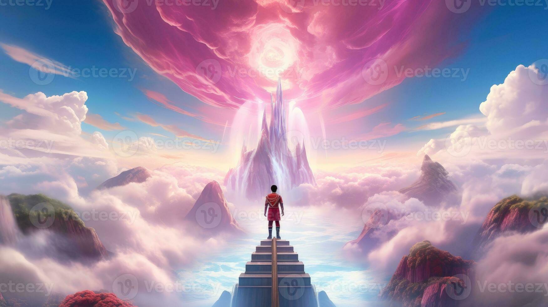 Human watching spectacular view of mists,  Aerial view White clouds in sky. Aerial top view cloud scape, Generative AI illustration photo