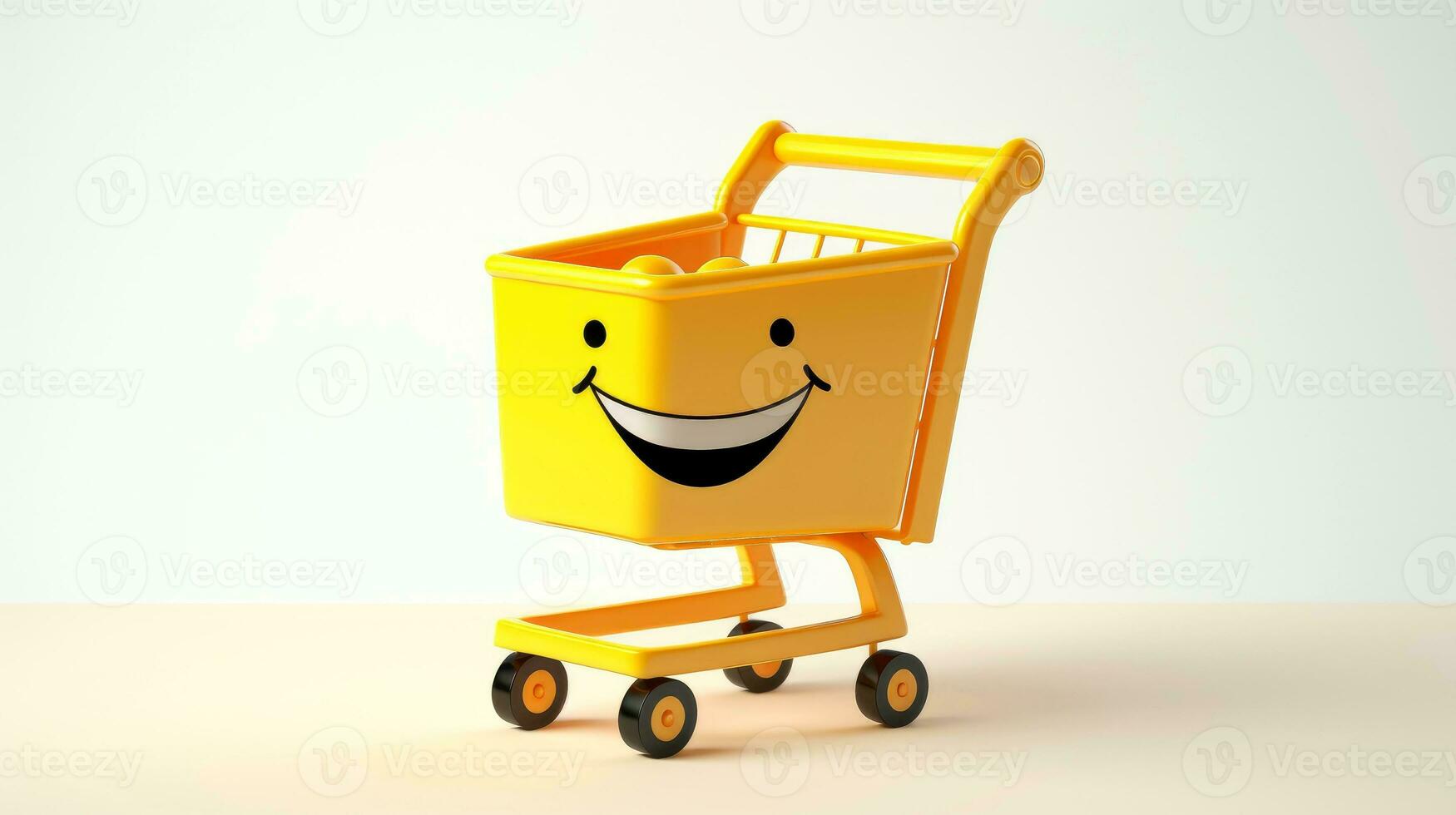 3d shopping trolley, shopping online concept, shopping cart with face cartoon smile, Generative AI illustration photo