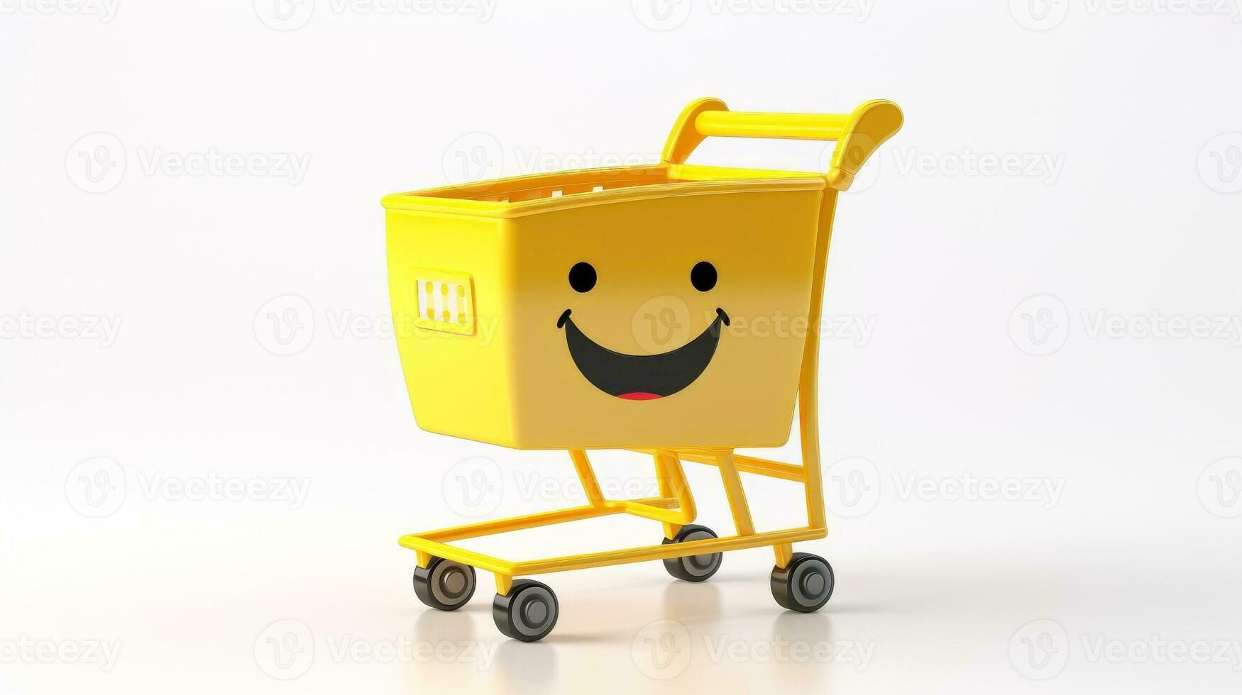 3d shopping trolley, shopping online concept, shopping cart with face cartoon smile, Generative AI illustration photo