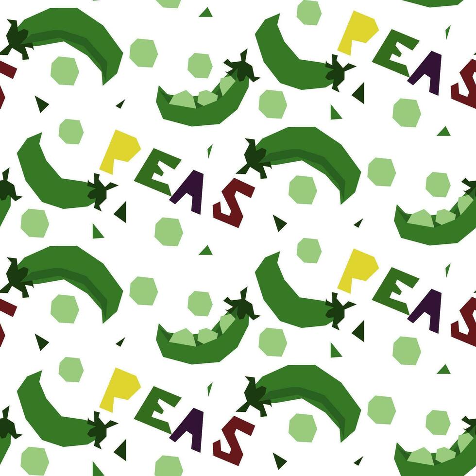 Seamless pattern in the form of geometric peas, hand-drawn, with an inscription. Vector illustration of vegetables in whole and in section. For wrapping paper, street festival, farmer's market