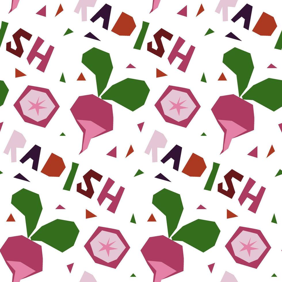 Seamless pattern in the form of a geometric radish, hand-drawn, with an inscription. Vector illustration of vegetables in whole and in section. For wrapping paper, street festival, farmer's market