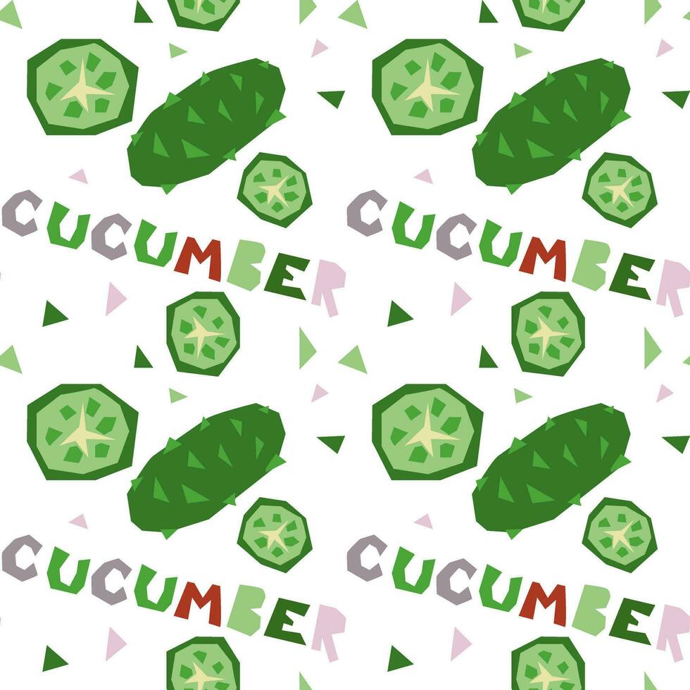 Seamless pattern of geometric cucumber, hand-drawn, with an inscription. Vector illustration of vegetables whole and in section. For wrapping paper, street festival, farmer's market, country fair