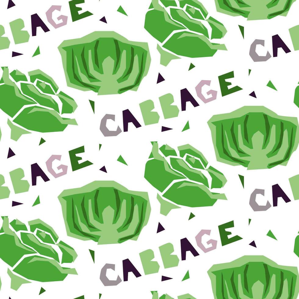 Seamless pattern of geometric cabbage, hand-drawn, with an inscription. Vector illustration of vegetables whole and in section. For wrapping paper, street festival, farmer's market, country fair, shop