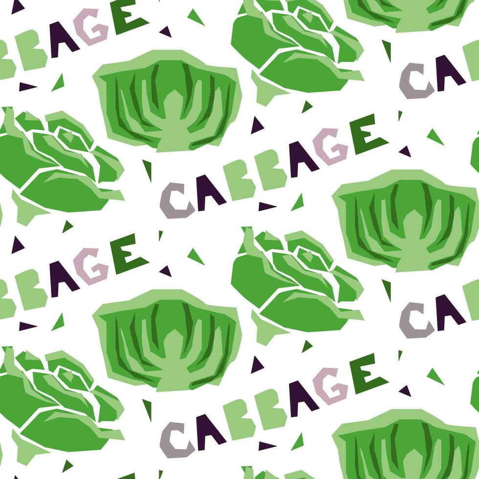 Seamless pattern of geometric cabbage, hand-drawn, with an inscription. Vector illustration of vegetables whole and in section. For wrapping paper, street festival, farmer's market, country fair, shop