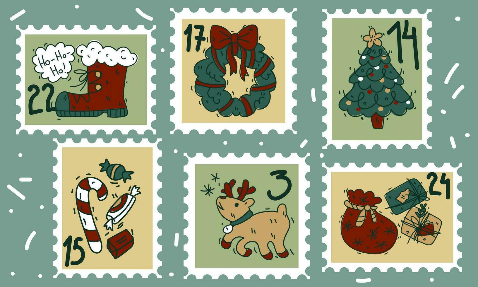 A set of cute hand-drawn postage stamps with Christmas and New Year attributes, a Santa Claus boot, a Christmas wreath, sweets, gifts and numbers. Fashionable vector illustrations in cartoon style
