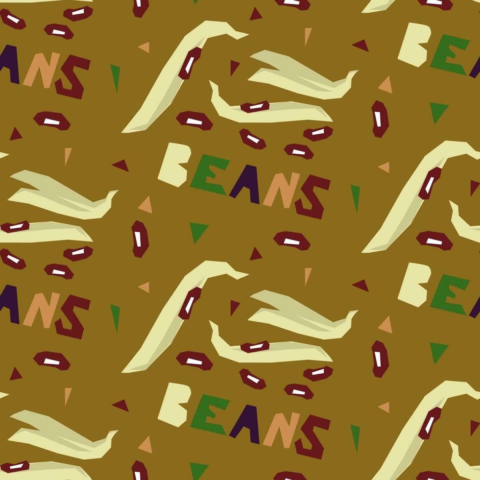 Seamless pattern of geometric beans, hand-drawn, with an inscription. Vector illustration of vegetables whole and in section. For wrapping paper, street festival, farmer's market, country fair, shop