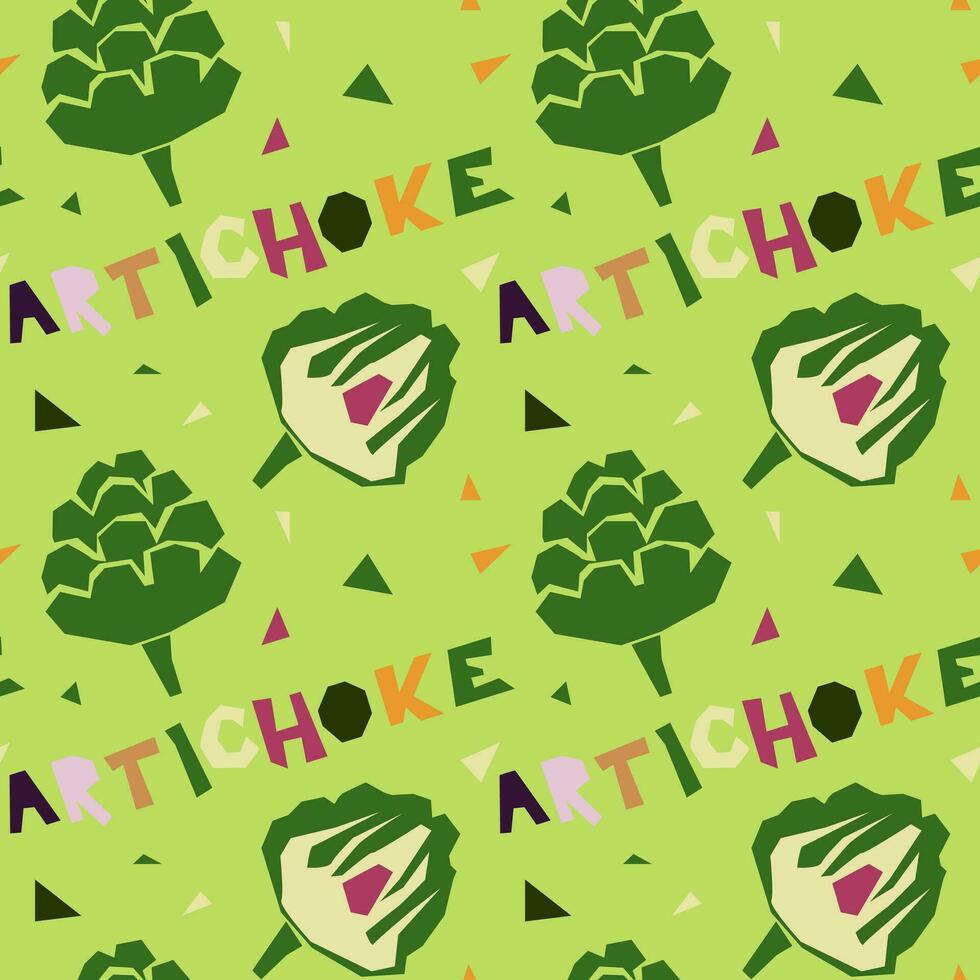 Seamless pattern in the form of a geometric artichoke, hand-drawn, with an inscription. Vector illustration of vegetables in whole and in section. For wrapping paper, street festival, farmer's market