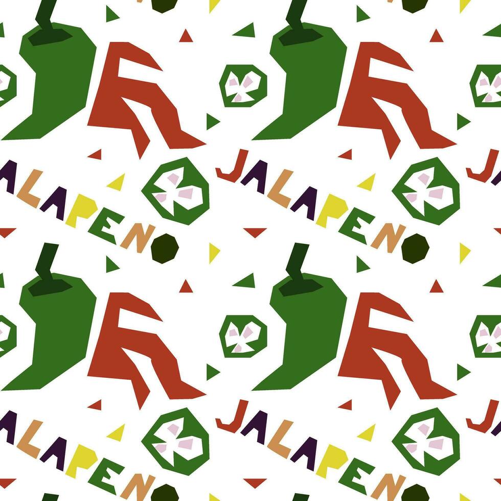 Seamless pattern in the form of geometric jalapeno, hand-drawn, with an inscription. Vector illustration of vegetables in whole and in section. For wrapping paper, street festival, farmer's market