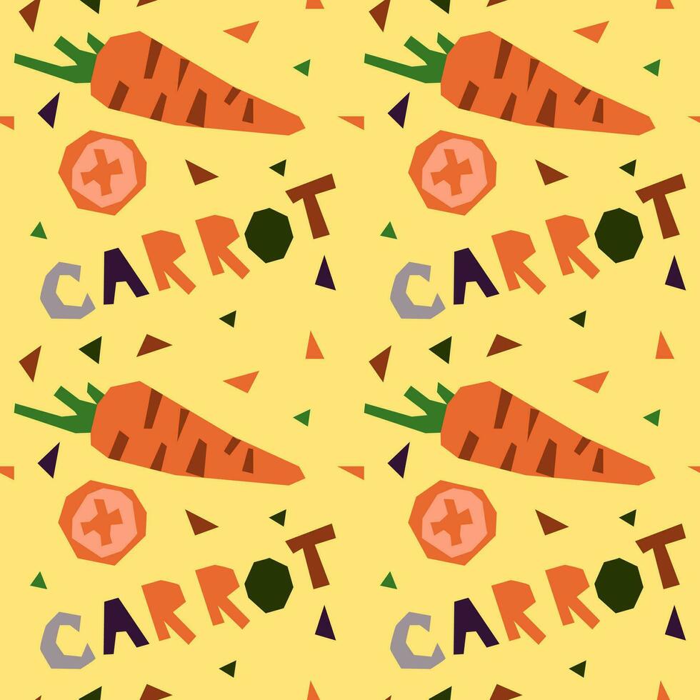 Seamless pattern of geometric carrots, hand-drawn, with an inscription. Vector illustration of vegetables whole and in section. For wrapping paper, street festival, farmer's market, country fair, shop