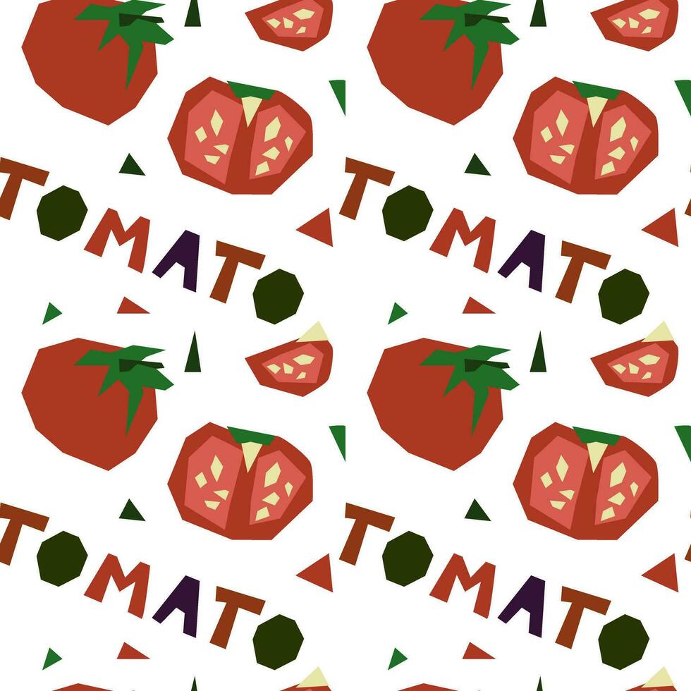 Seamless pattern of geometric tomatoes, hand-drawn, with an inscription. Vector illustration of vegetables whole and in section. For wrapping paper, street festival, farmer's market, country fair